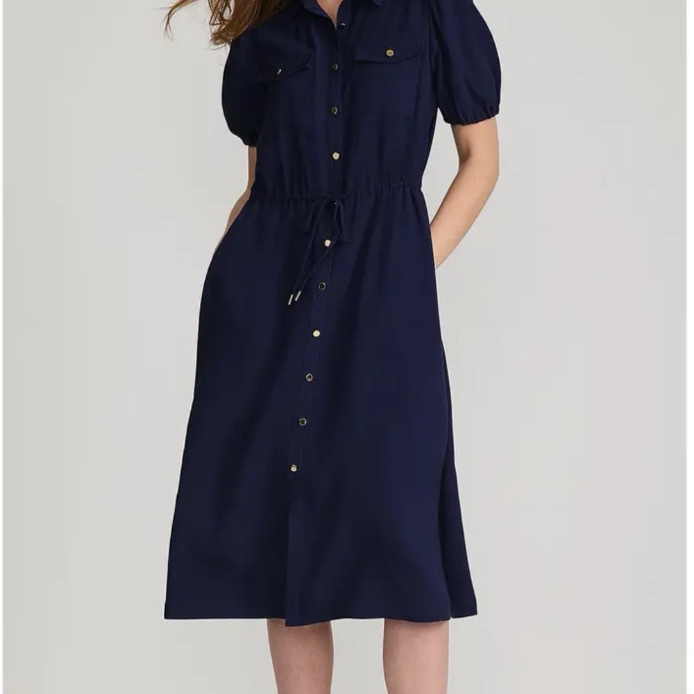 NWT Lands’ End Navy Button Front Midi Dress‎ Tie Waist Puff Sleeve Classic - Picture 8 of 13